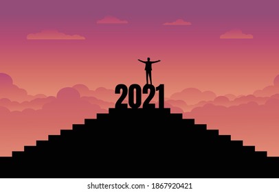 Silhouette of the vector. Business success concept in the new year 2021. Businessman with a raised hand standing on the top of the stair with sunset background. Business and target in the new year