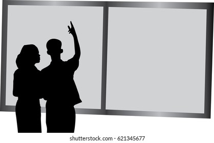 Silhouette vector of business woman and man pointing at a chart board