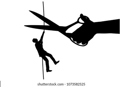 Silhouette vector of a businessman climbs on a tightrope and a hand with scissors intends to cut a rope. Concept of risks in business