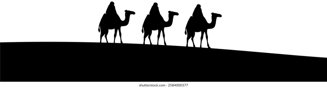 Silhouette vector of a camel in the desert with sand dunes and a sunset background. Perfect for travel, wildlife, and nature themes