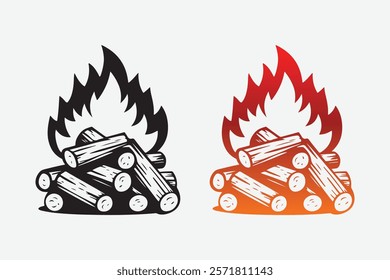 Silhouette Vector Campfire And Burning Campfire with Firewood Bonfire Flame Illustration