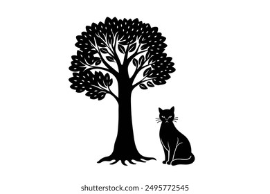 Silhouette vector of a cat sitting under a tree, perfect for serene and nature-themed designs.