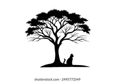 Silhouette vector of a cat sitting under a tree, perfect for serene and nature-themed designs.