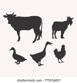 Silhouette Of Vector Cattle, cow, goat, sheep, goose, chicken, duck