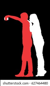 Silhouette vector of Cheerful couple making photo on smart phone, Dating young people hugging and making selfie. Good for Valentine day card design.