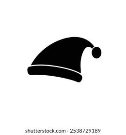 Silhouette vector of a classic Christmas Santa hat with a fluffy trim and pom-pom. The minimalistic design captures holiday spirit, ideal for seasonal graphics and festive icons.