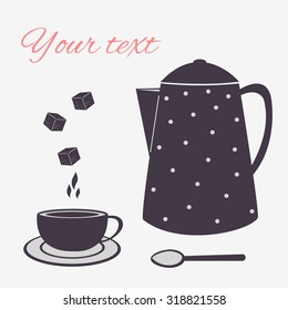 Silhouette vector coffee pot and cup of coffee with sugar. Coffee time.