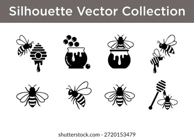 Silhouette, Vektorsammlung von Bienen und Honig einzeln auf weißem Hintergrund
