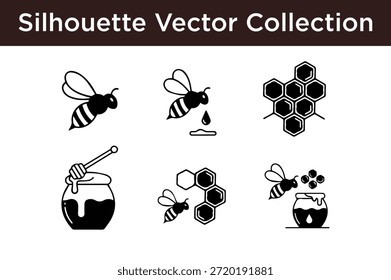 Silhouette vector collection of bees and honey isolated on white background