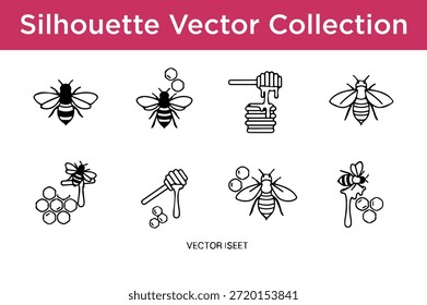 Colección de Vector de silueta de abejas y panales aislados sobre fondo blanco
