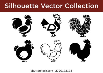 Silhouette, Vektorsammlung von Hähnchen und Hennen einzeln auf weißem Hintergrund