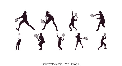 Silhouette vector collection of tennis players in motion with rackets illustrating different shots, ideal for sports-themed projects and graphic design