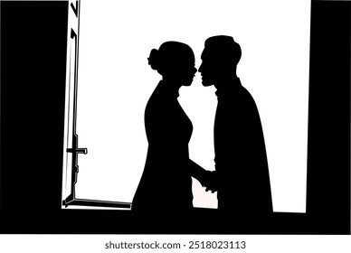 Silhouette vector of a couple in love holding hands by a window. Perfect for romantic projects like wedding invitations and Valentine's Day designs