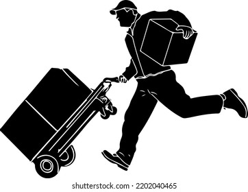 Silhouette Vector Of Courier Service Man Running With Luggage Trolley, Delivery Man With Trolley Sketch Drawing Outline, Cartoon Doodle Of Courier Boy Running Pose