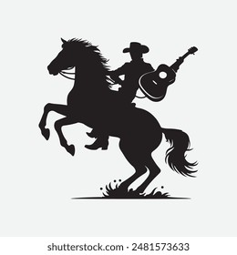 A silhouette vector of a cowboy riding a guitar like a horse