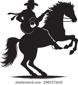 A silhouette vector of a cowboy riding a guitar like a horse