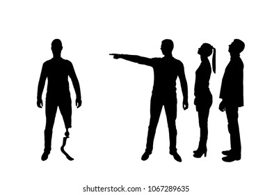 Silhouette vector. Crowd of people makes it clear to a disabled person with a leg prosthesis that he should go away. The concept of Discrimination of people with disabilities in society