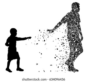 Silhouette vector of Dead love concept and grieving a relationship loss symbol as a son hand up  another father that has died as a psychological sorrow mood metaphor, boy looking dad is going away