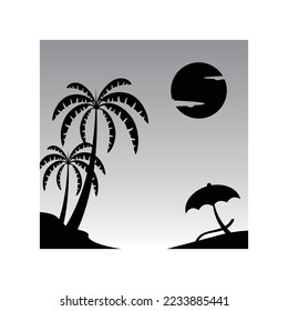 Diseño vectorial de silueta en la escena de la playa con cocoteros y paraguas de playa, perfecto para publicidad banner o decoración de su producto de negocio