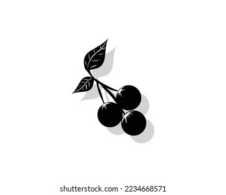 silhouette vector design in black and white of three cherries still attached to leaves and twigs