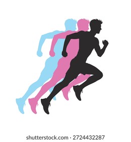 silhouette vector design of a man running, with shadows pink n blue