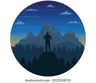 silhouette vector design of a natural landscape in the afternoon in the form of a circle with the appearance of mountains, trees and sky and a man standing at the top of a cliff