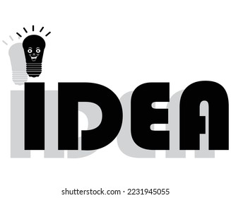 silhouette vector design of a word that says IDEA where the letter I is modified at the top there is an illustration of a lightbulb character with a smiling face because he got an idea