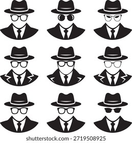 Silueta Vector Detective Sombrero Gafas Traje Hombre Iconos Colección