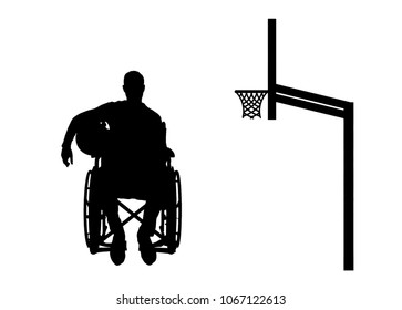 Silhouette vector of a disabled basketball player in a wheelchair holding the ball in his hand. The concept of disabled people leading an active lifestyle