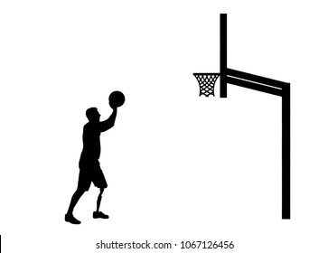 Silhouette vector of a disabled man with a leg prosthesis intends to throw the ball into the basket. The concept of people with leg prosthesis leading an active lifestyle