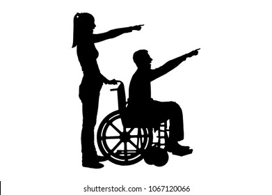 Silhouette vector of a disabled man in a wheelchair and his wife have a good time. The concept of caring and supporting disabled people in the family