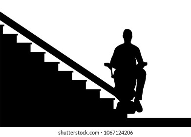 Silhouette vector Disabled person climbs on elevator for disabled on stairs. Concept disabled lift, elevator, handicap