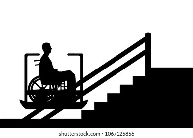 Silhouette vector Disabled person climbs on elevator for disabled on stairs. Concept disabled lift, elevator, handicap