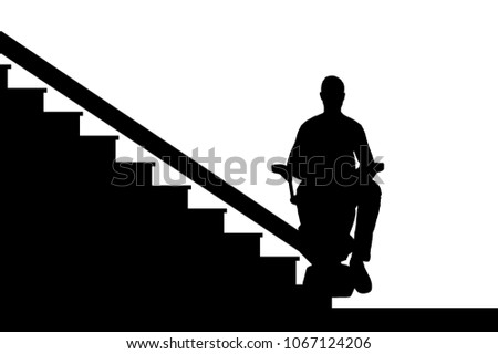 Silhouette vector Disabled person climbs on elevator for disabled on stairs. Concept disabled lift, elevator, handicap