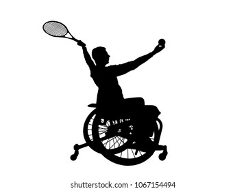 Silhouette vector of disabled person in a wheelchair playing tennis. The concept of disabled people leading an active lifestyle