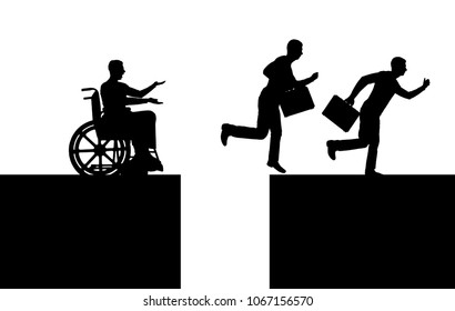 Silhouette vector of a disabled worker in a wheelchair stopped before an abyss and healthy workers jump over the abyss and run on. The concept of inequality of people with disabilities
