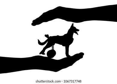 Silhouette vector of a dog in a wheelchair in the hands of a man. The concept of helping and caring animals with disabilities