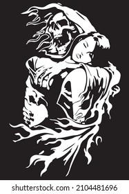 Silhouette vector drawing of an angel of death holding a sleeping beautiful girl