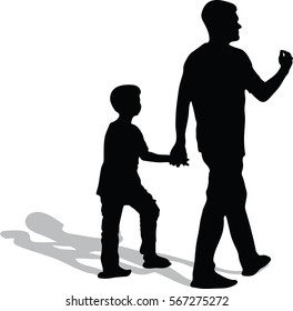 Silhouette vector of drawing parents and child walking the street and holding hands. Fathers day.