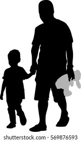 Silhouette vector of drawing parents and child walking white plush dog the street and holding hands. Fathers day.
