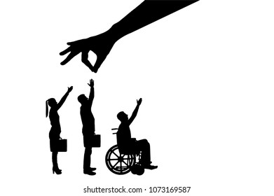 Silhouette vector Employer's hand chooses a healthy worker from a crowd of people and not an invalid in a wheelchair. Concept of Discrimination and Inequality in the Employment of People with Disabili