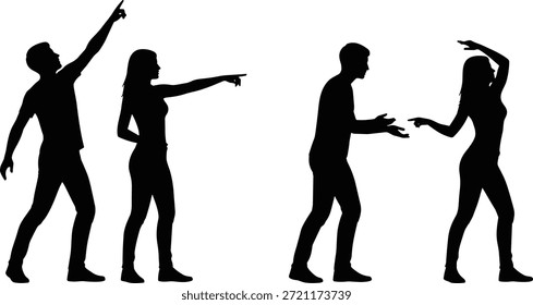 Vector de silueta de gestos expresivos de pareja, poses de comunicación, figuras negras, postura dramática, tema del lenguaje corporal, ilustración emocional, concepto de relación, diseño de interacción, Elementos gráficos de confrontación