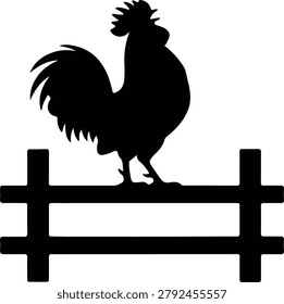 Silhouette vector farm rooster crowing on a wooden fence morning farm design
