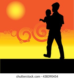 Silhouette vector, father and son having fun at sunset