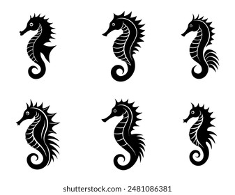 A silhouette vector file of a seahorse, featuring a sleek and minimalistic design with clean lines and a graceful, curved body. Perfect for marine themes.
