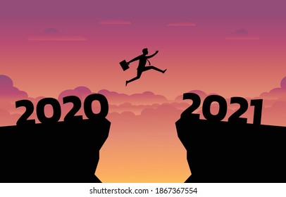 Silhouette of the vector flat. Businessman jump between 2020 and 2021 years with sunset background. Success concept. Business and target in the new year