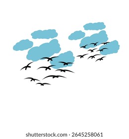 Silhouette vector of flying birds with blue clouds on a white background. Ideal for tattoo art, nature themes, or minimalist designs symbolizing freedom and movement.
