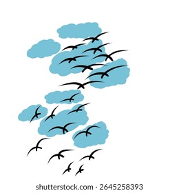 Silhouette vector of flying birds with blue clouds on a white background. Ideal for tattoo art, nature themes, or minimalist designs symbolizing freedom and movement.