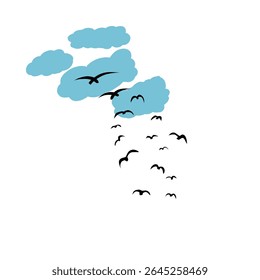 Silhouette vector of flying birds with blue clouds on a white background. Ideal for tattoo art, nature themes, or minimalist designs symbolizing freedom and movement.