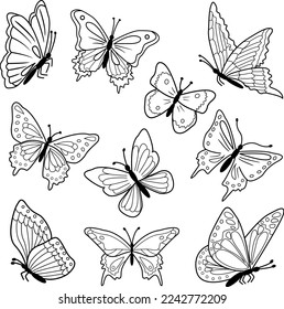 Silhouette of vector flying butterflies isolated on white background. Illustration of butterflies for coloring book